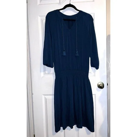 NWT GARNET HI V-neck 3/4 Sleeve Smock Waist Teal Tencell Blend Dress Sz S Boho - Picture 2 of 14